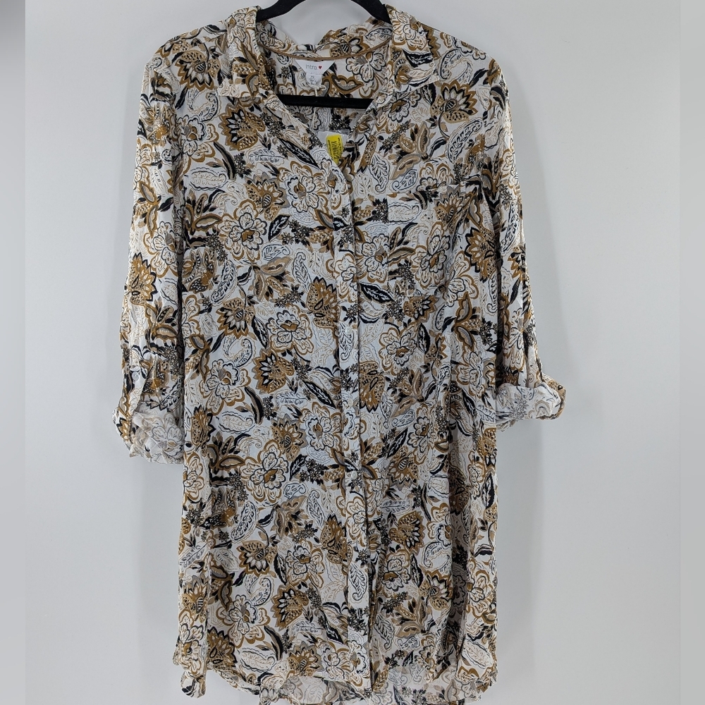 Intro Boho Paisley Button Up Tunic Top Floral XL Earth Tone Roll Tab Sleeve NWT